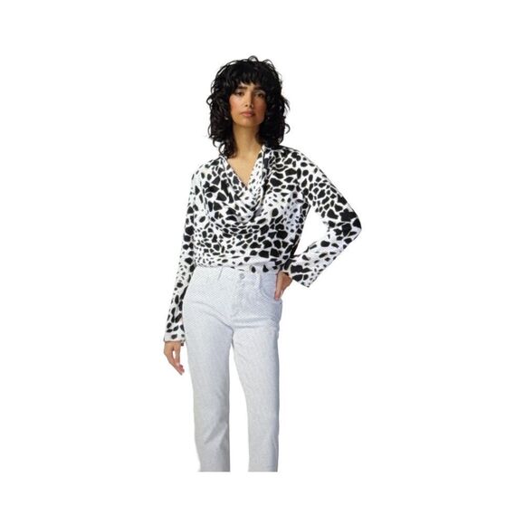 JOSEPH RIBKOFF ANIMAL PRINT SATIN TOP WITH COWL NECKLINE BLACK, TAN AND WHITE. - Picture 3 of 11